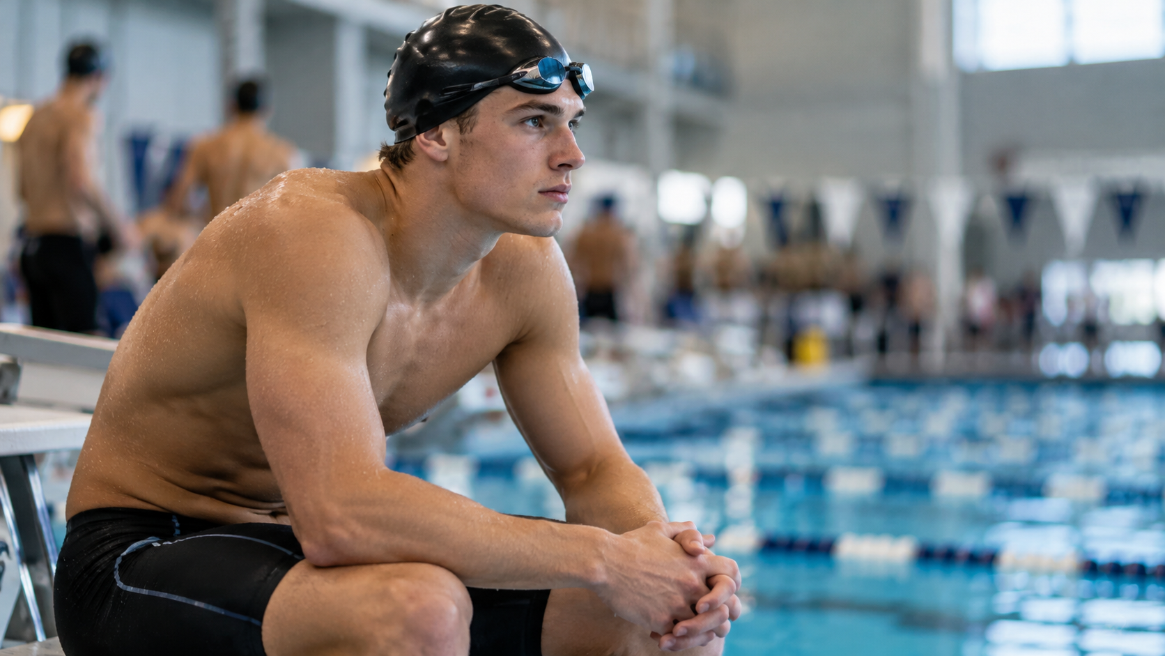 Editorial illustrative image of a competitive swimmer by the pool